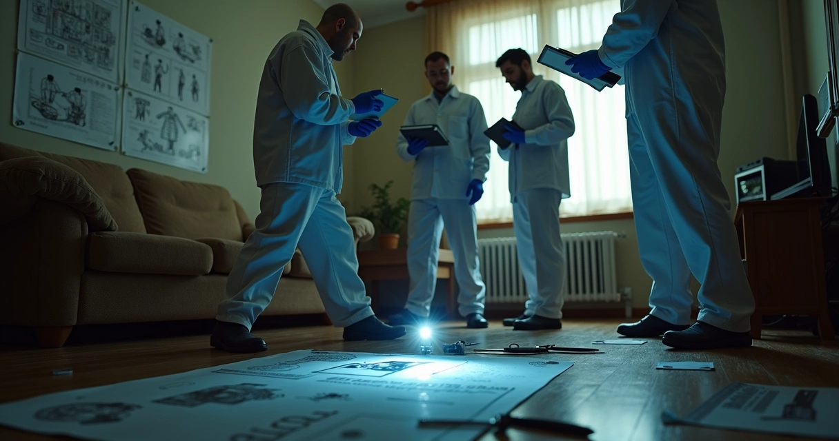 Peritos analisando sala de apartamento, marcadores de evidência e pranchetas 