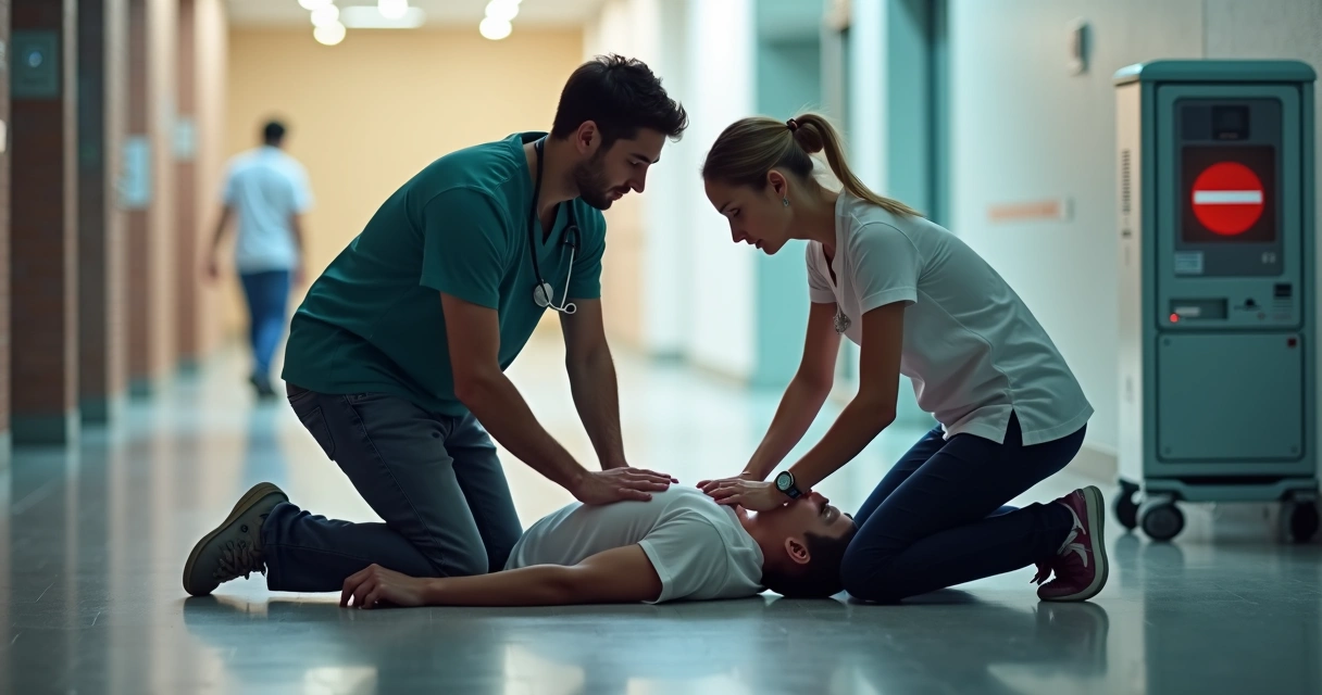 Profissional de saúde realizando RCP em adulto em ambiente claro 