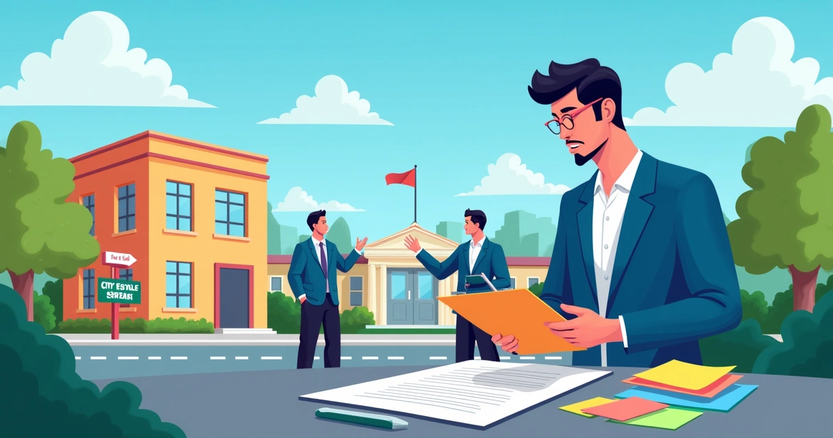 Indivíduo analisando documentos legais com edifício e sinal de venda ao fundo, destacando regularização imobiliária.