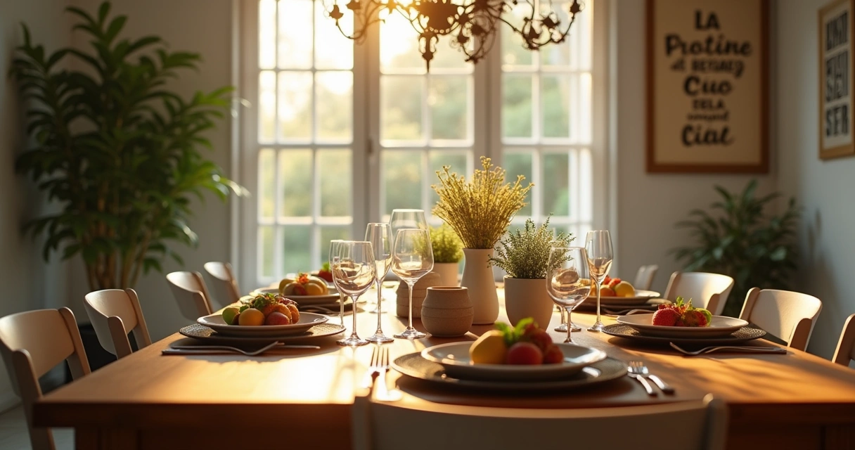 Cena de sala com mesa de madeira, caderno, cristais, plantas e velas, refletindo energias de prosperidade.