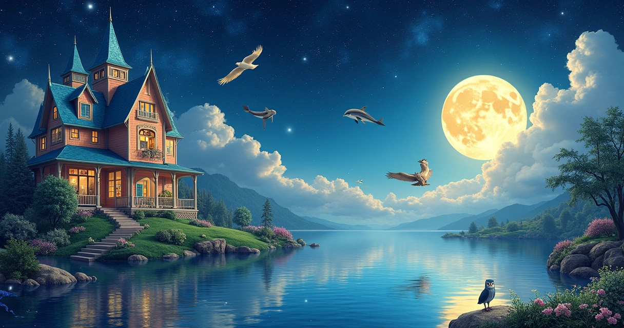 Uma cena de sonho com um lago sereno, uma casa vibrante e animais simbolizando emoções e liberdades.