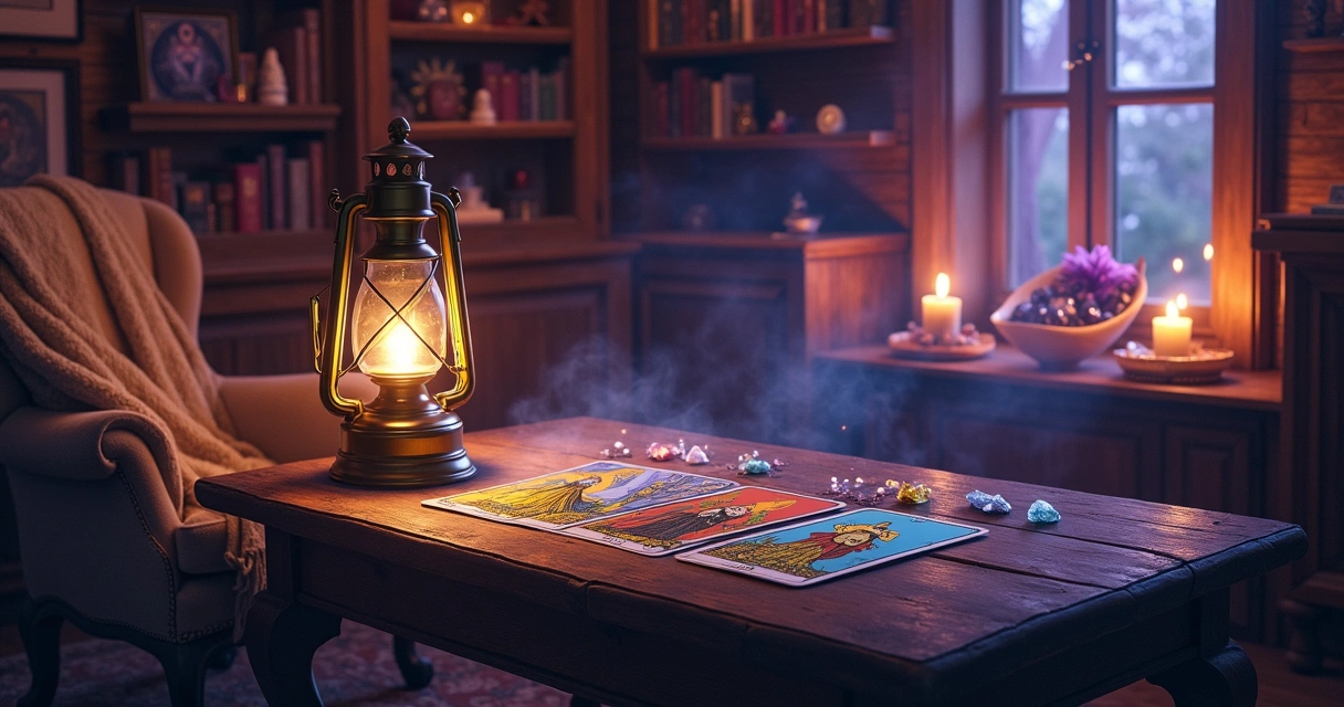 Interior of a cozy room with tarot cards, a glowing lantern, and a Hermit card on a wooden table.