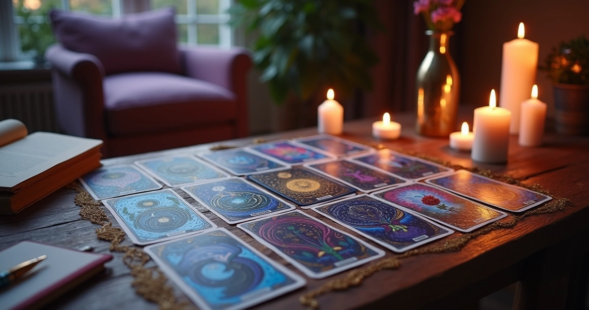 Cena acolhedora com cartas de tarot, velas iluminando uma mesa de madeira e um caderno ao fundo.