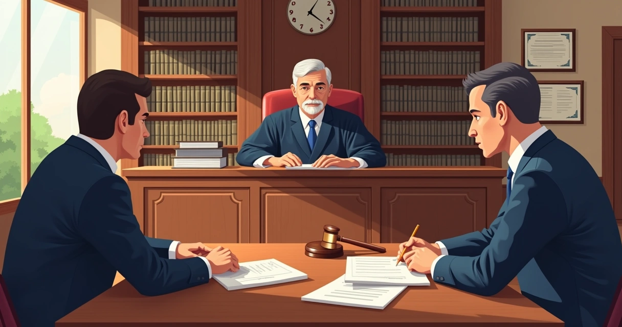 Ilustração de um tribunal legal com juiz, advogados, e cliente em meio à apresentação de casos