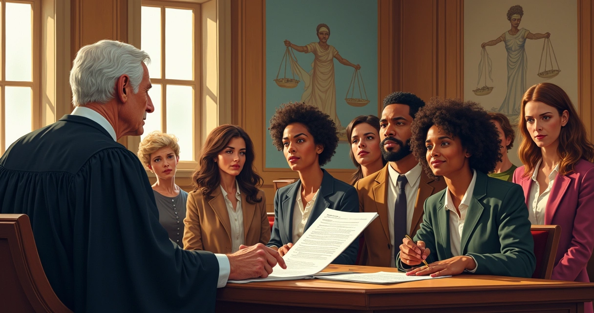 Ilustração de um tribunal com pessoas apresentando seu caso a um juiz em um ambiente formal vestido em cores sóbrias.