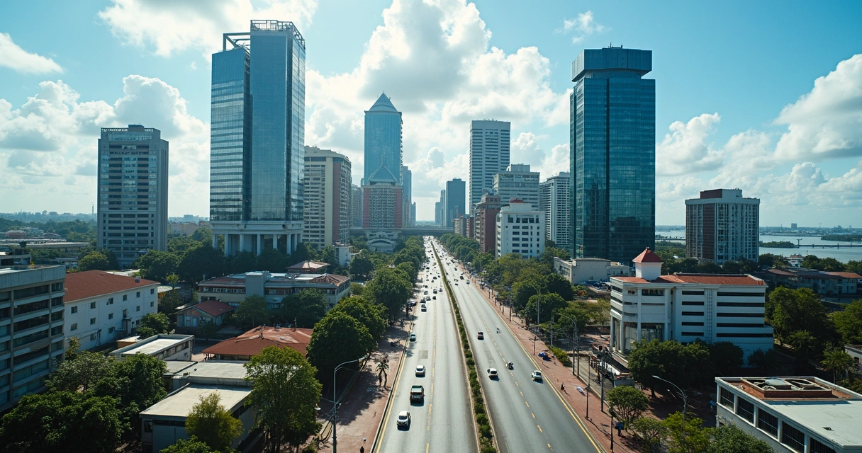 Centro financeiro moderno em Georgetown, Guiana, com prédios altos e ruas movimentadas 