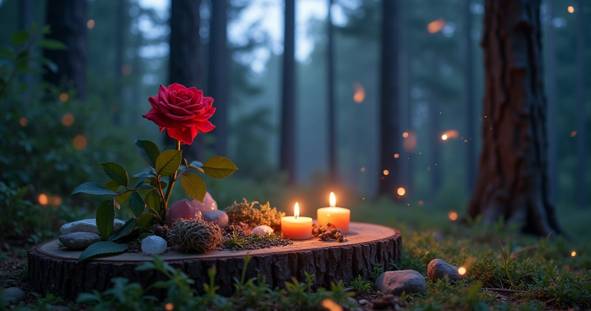 Rosa vermelha em um altar natural em um bosque encantado ao crepúsculo, cercada de cristais e velas.