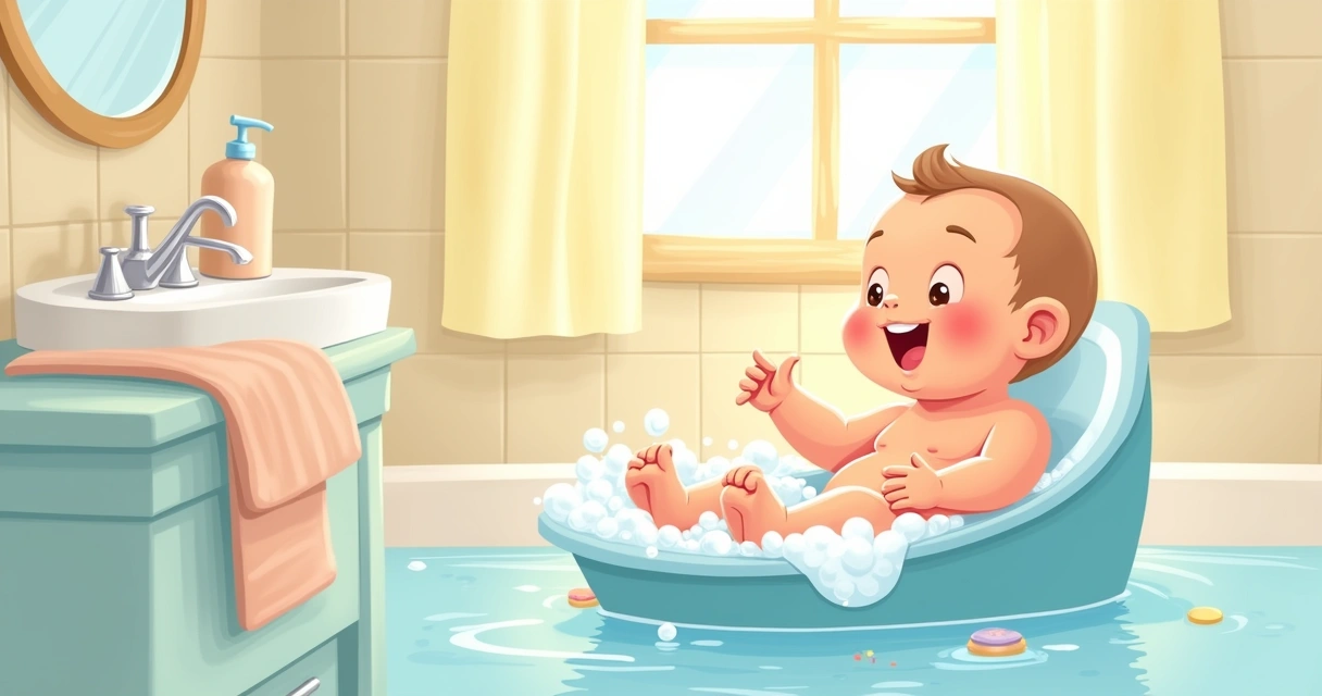 Ilustração de um bebê sorrindo em um banho seguro com brinquedos de borracha e toalha colorida ao fundo.