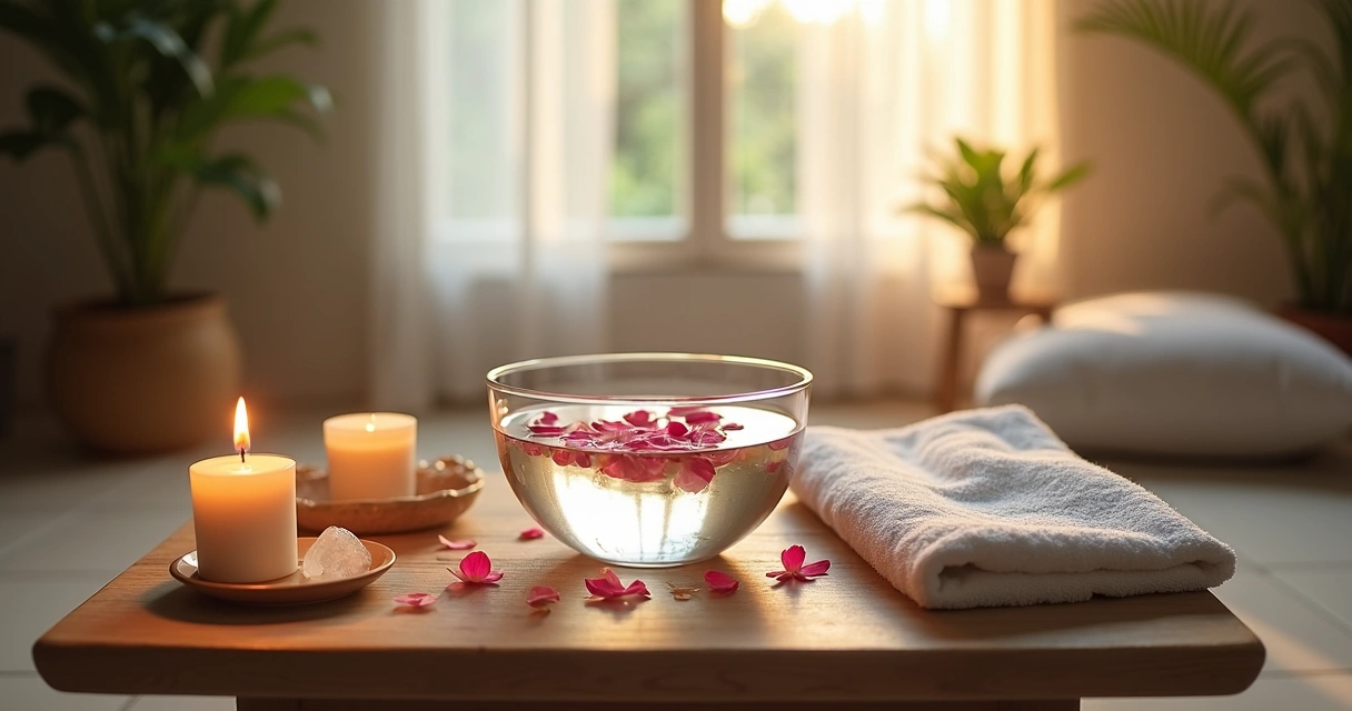 Ambiente tranquilo com banho energético e objetos de meditação 