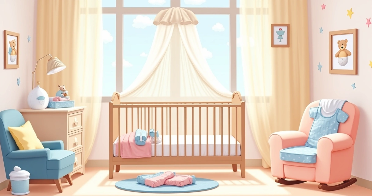 Cenário de berçário suave, com itens de enxoval do bebê, incluindo um berço e roupas delicadas.