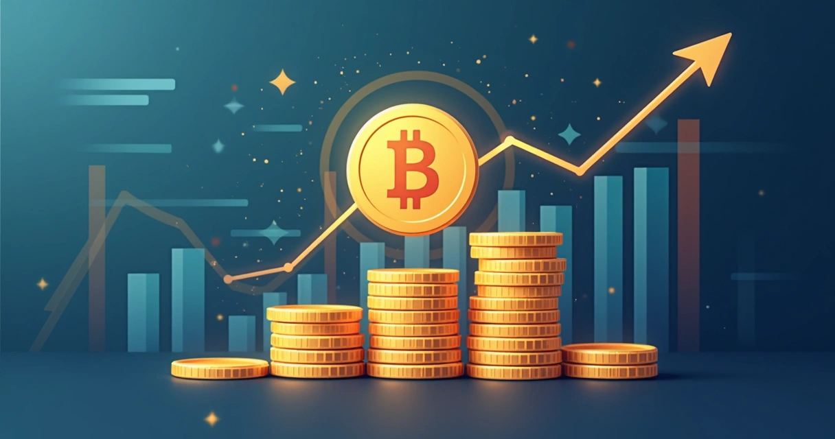 Gráfico de preço do bitcoin subindo ao fundo com moedas na frente 