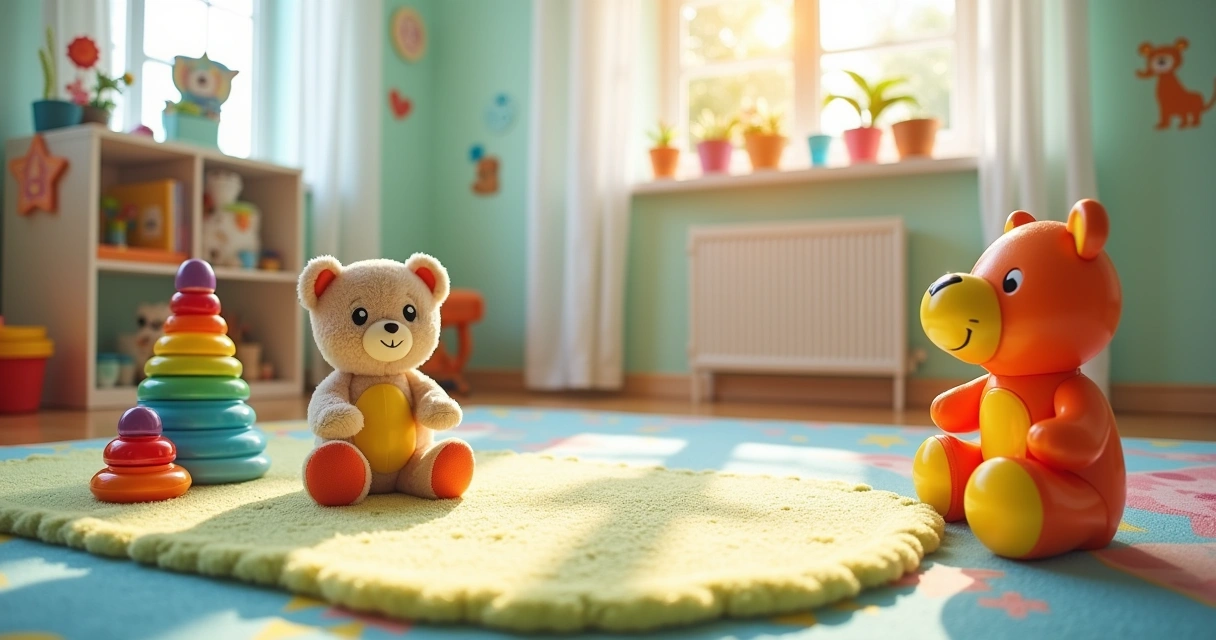 Cena de um berçário colorido com brinquedos educativos, tapete de brincar e luz suave do sol.