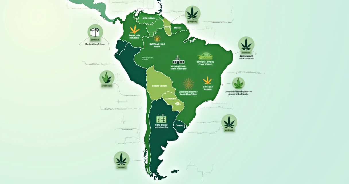 Mapa do Brasil com ícones de indústria, farmácia e planta de cannabis, mostrando diferentes regiões e oportunidades 
