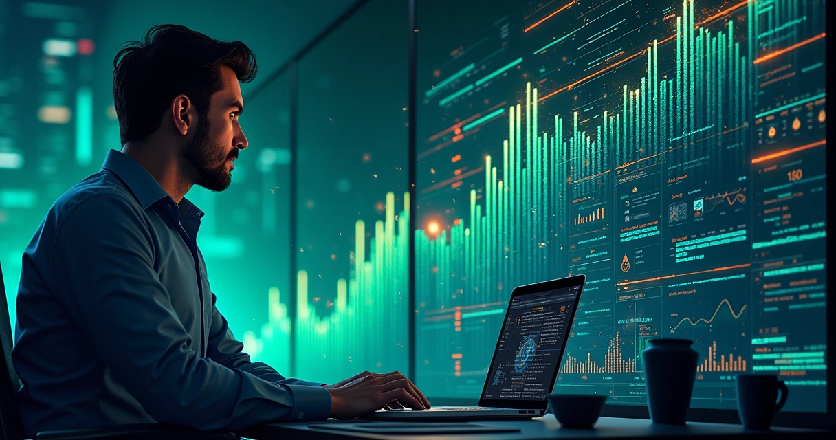 Ilustração de um empresário preocupado diante de um painel digital, mostrando tentativas de ataque cibernético.