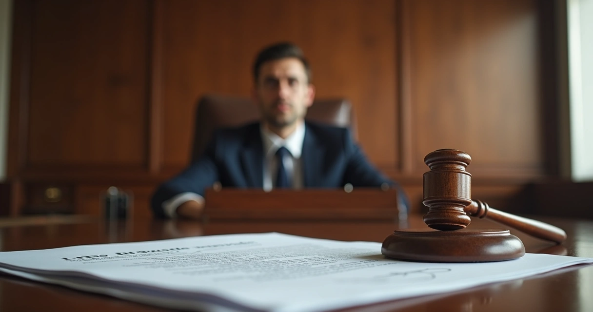 Cenário de tribunal com juiz e papéis de processos. 