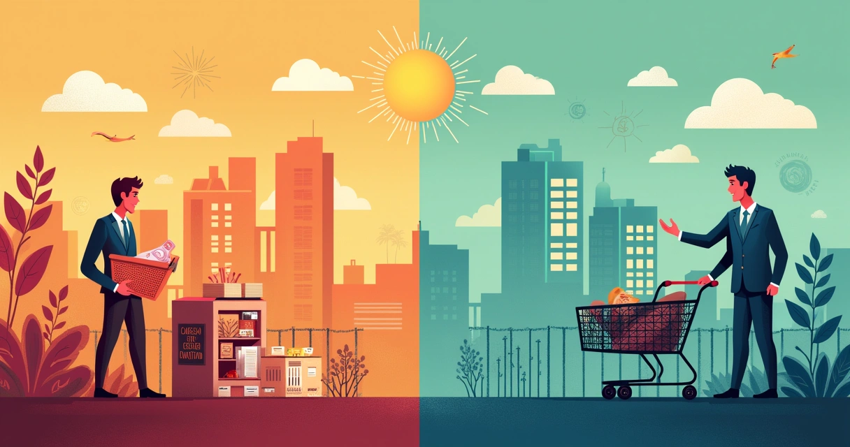 Ilustração do cenário econômico: Brasil com inflação e aumento de preços, EUA com crescimento e incertezas em taxa de juros.