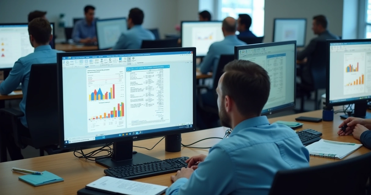 Computadores exibindo notas fiscais eletrônicas, planilhas e gráficos em ambiente corporativo 