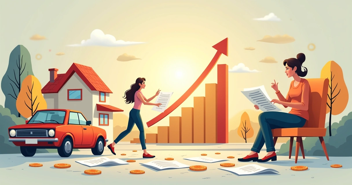 Gráfico em queda com pessoas preocupadas por dívidas e aumento das taxas de juros.