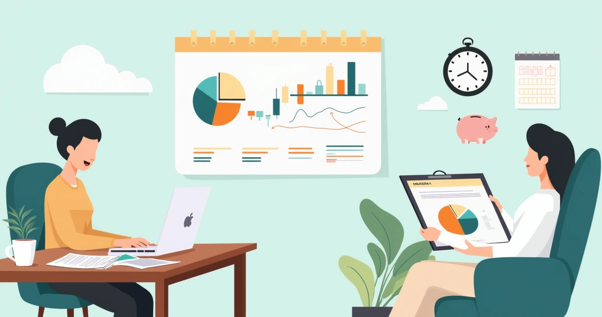 Ambiente financeiro calmo com pessoa revisando gráficos e documentos em um escritório aconchegante.