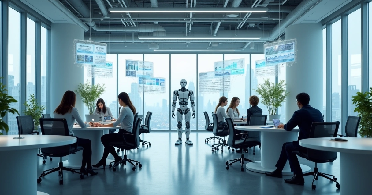 Ambiente futurista de trabalho com tecnologia de IA