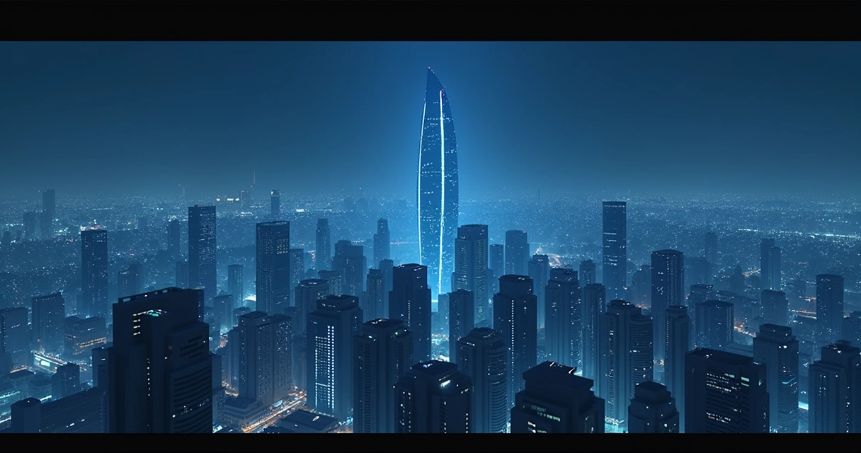 Cenário futurista de Neo Tokyo-3 com prédios altos, céu escuro e iluminação azulada 