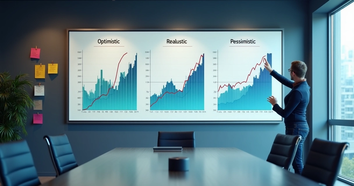 Painel com gráficos ilustrando diferentes cenários financeiros 