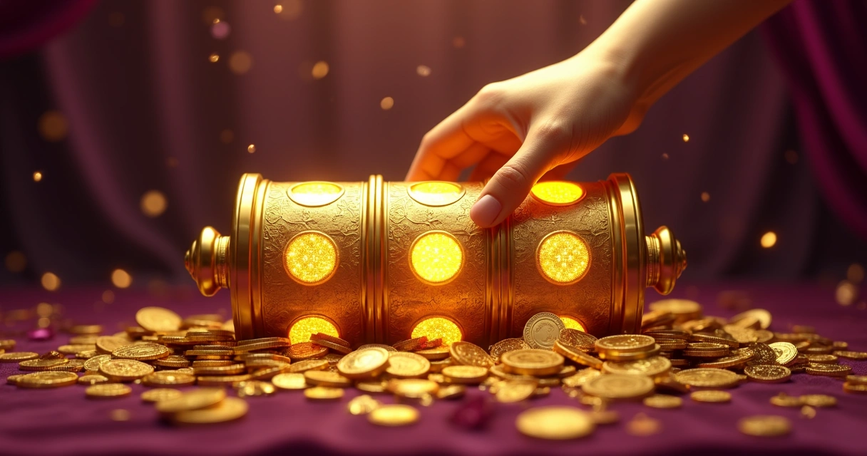 Cenário dourado e luxuoso com símbolos de caça-níqueis, moedas e uma mão dourada 