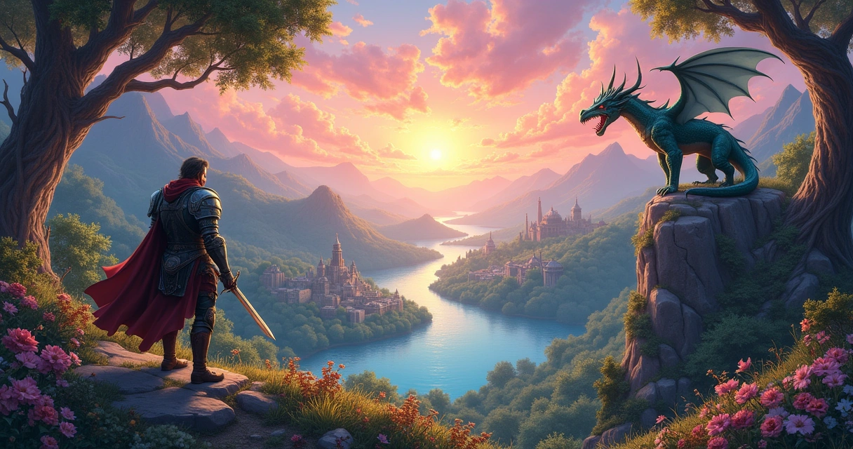 Ilustração de um cenário de RPG fantasy, com um herói em armadura e um dragão sobre uma vila ao fundo.