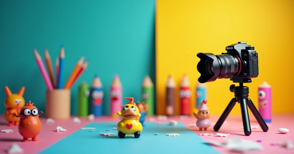 Cenário animado em stop motion com objetos coloridos