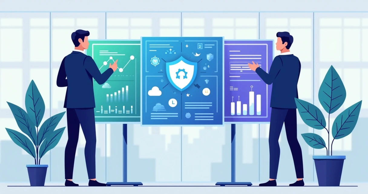 Dois gestores de TI analisando gráficos digitais em escritório moderno