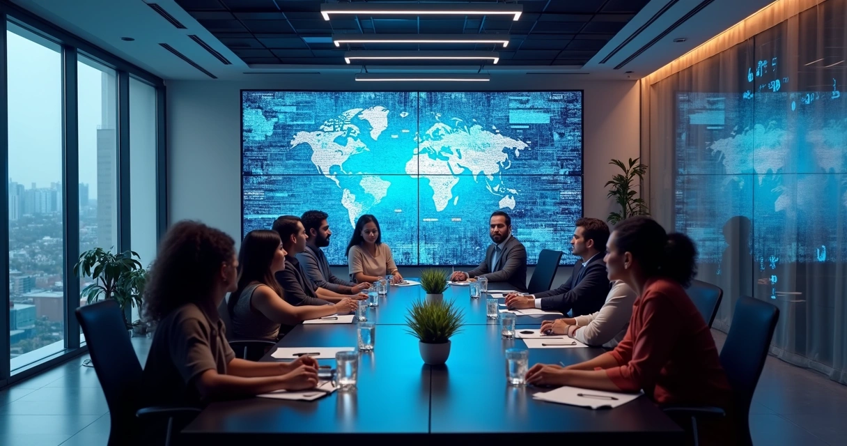 Ambiente de escritório moderno com telas digitais exibindo gráficos e pessoas colaborando 