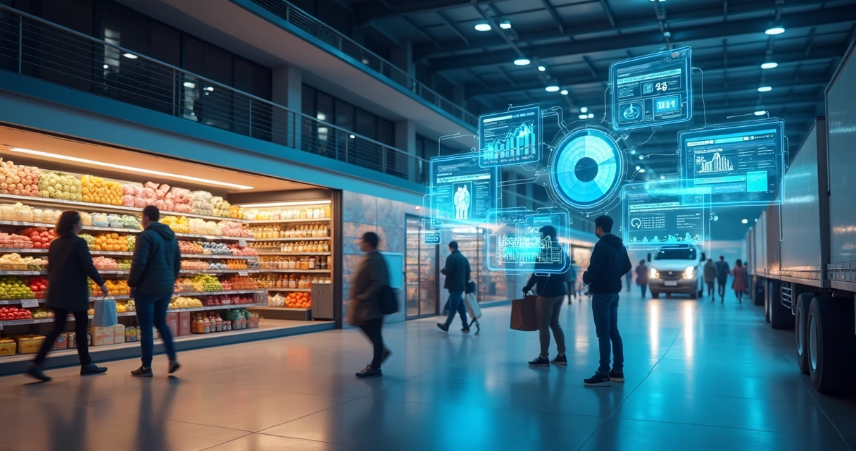 Vitrine de loja física com clientes e embalagens de produtos ao lado de telas exibindo compras online e gráficos digitais no varejo brasileiro 