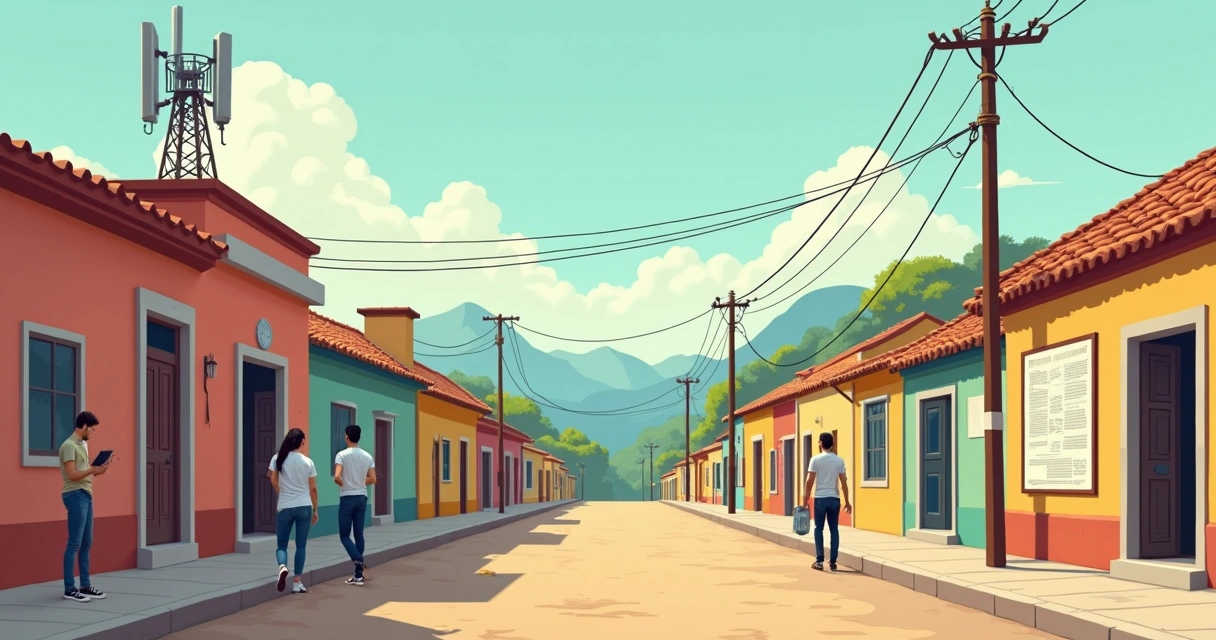 Rua de cidade pequena brasileira com antena de celular antiga e pessoas usando celulares com tela simples. 