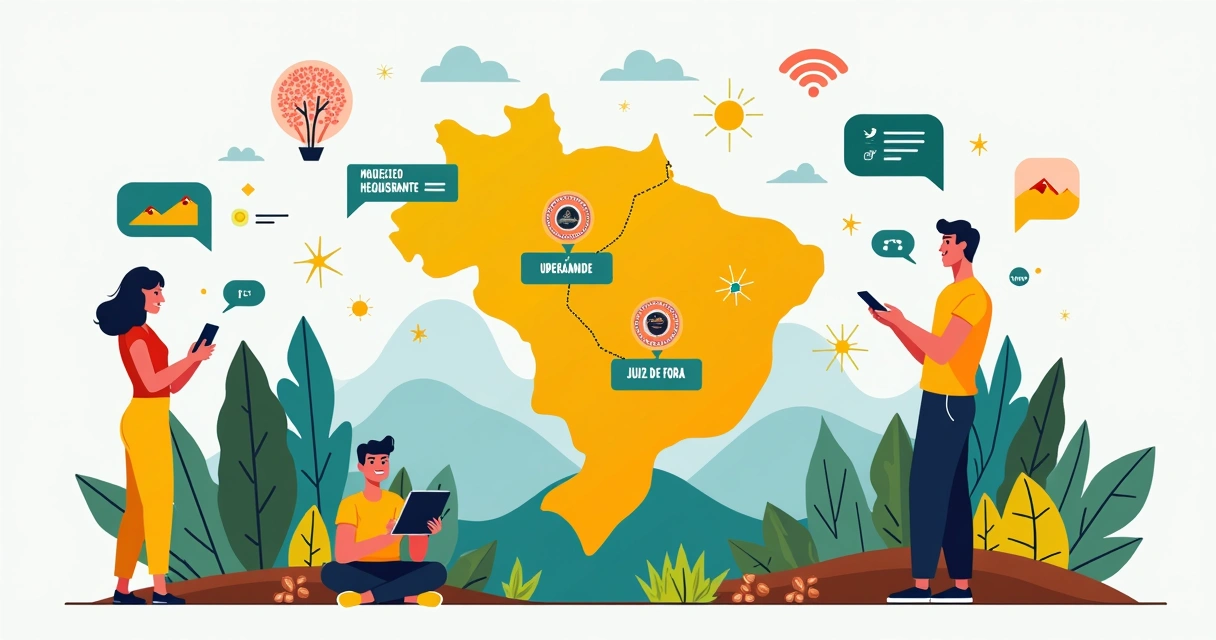 Mapa de Minas Gerais com elementos digitais e cidades em destaque 