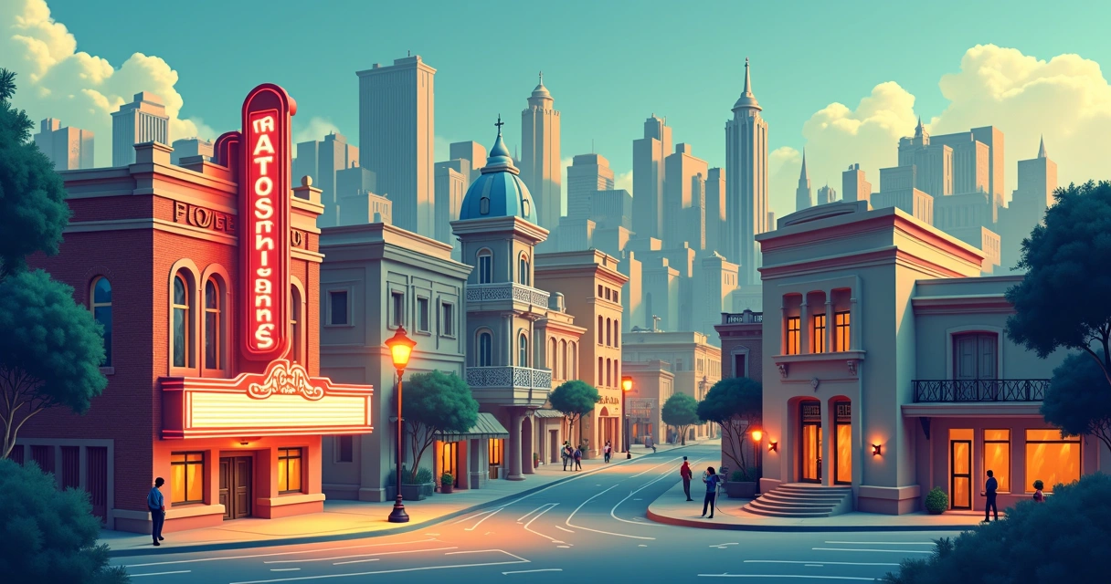 Montagem ilustrada de cenários icônicos de filmes clássicos em uma única cidade fantástica 