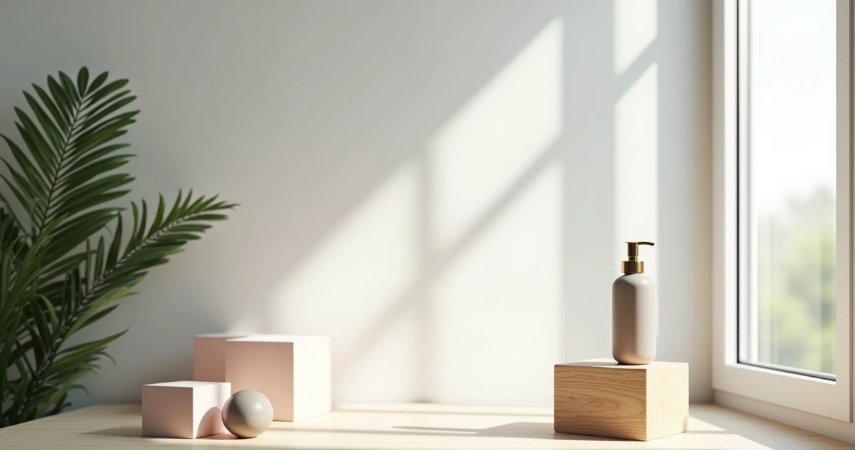 Cenário caseiro moderno com fundo branco, produto elevado e pequenos acessórios minimalistas