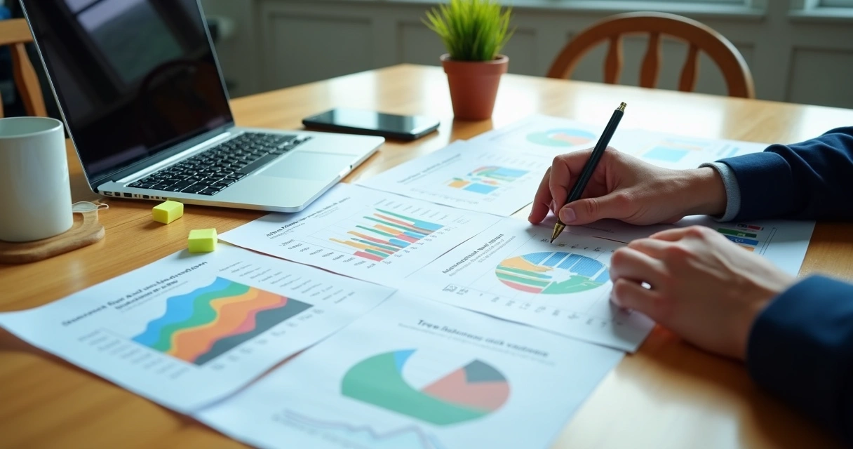 Planilhas com cenários de projeção de uma startup sobre uma mesa de madeira 
