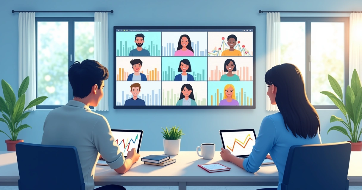 Sala de aula virtual com muitos estudantes em telas diferentes e gráficos de engajamento ao fundo. 