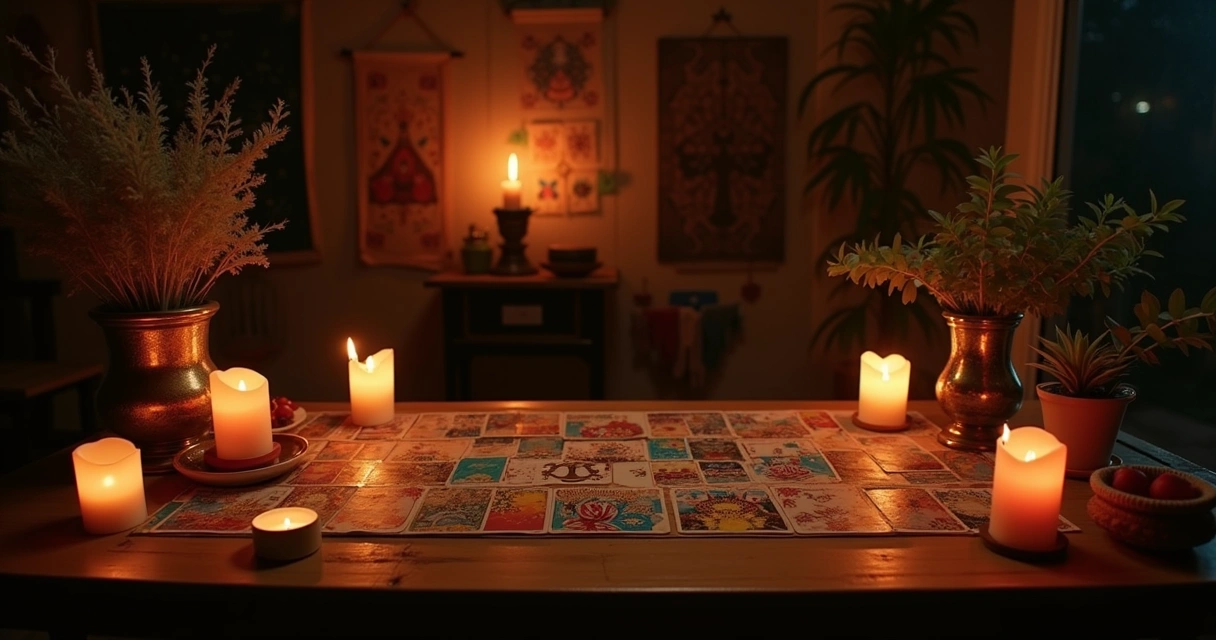 Cena mística com cartas de tarot, velas e cristais, simbolizando introspecção nas relações.
