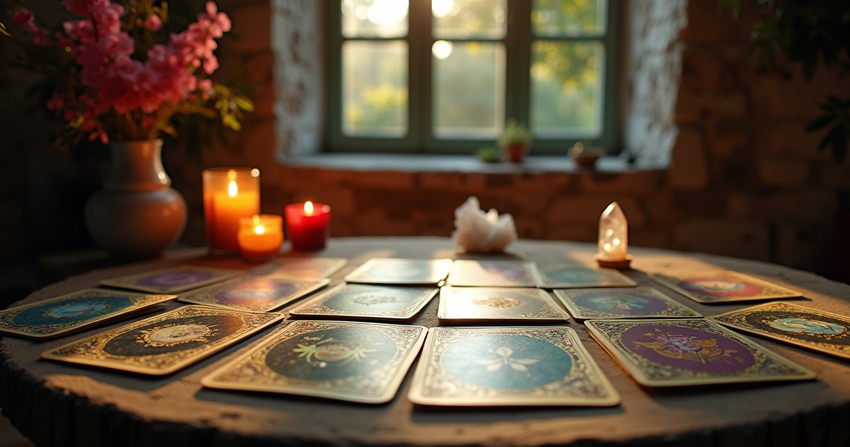 Cartas de tarot em uma mesa com vela, cristal e flores, criando um ambiente acolhedor e místico.