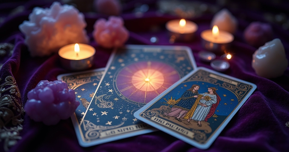 Cenário místico com cartas de Tarô, incluindo os Amantes, sobre um pano de veludo escuro iluminado por velas.
