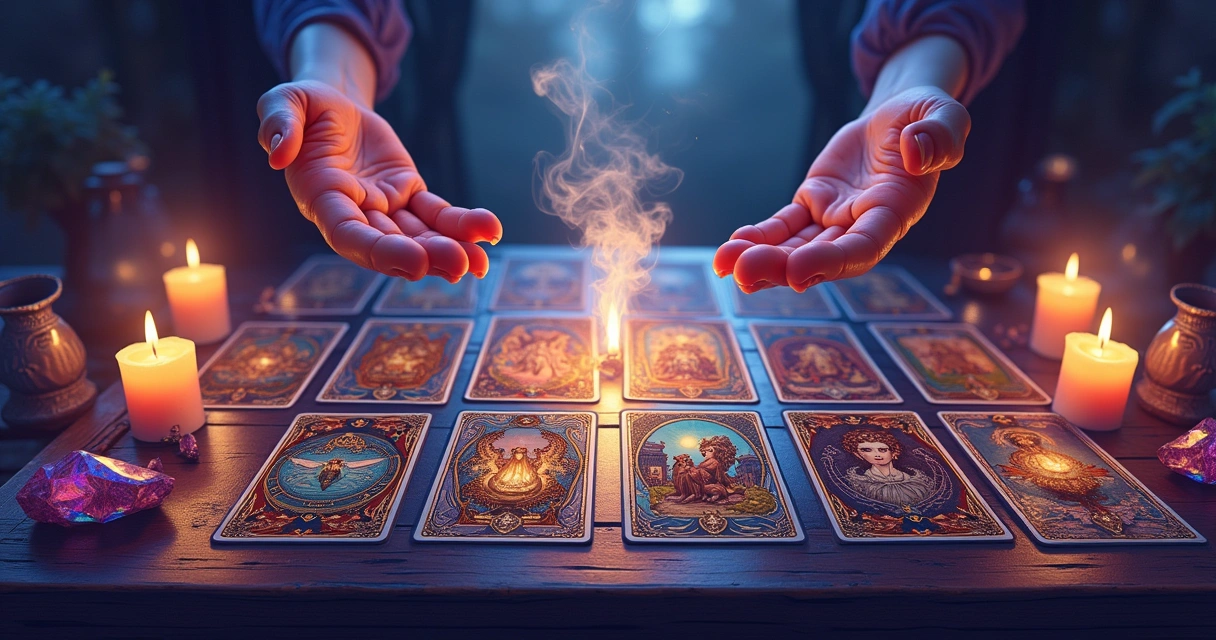 Disposição mística de cartas de Tarô em uma mesa de madeira, cercada por velas e cristais, sob uma luz suave.