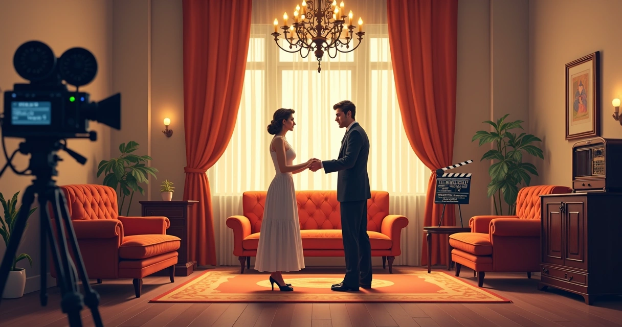 Cenário detalhado de um filme clássico com elementos de época em uma sala de estar 