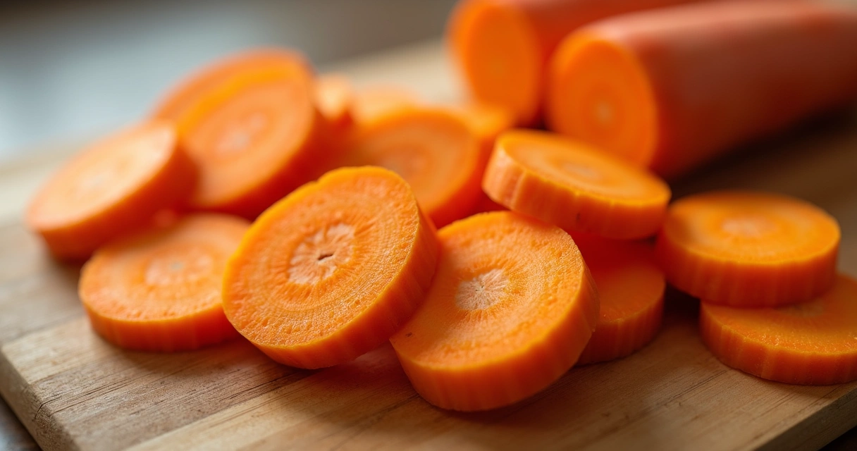 Cenoura em rodelas sobre uma tábua de corte 