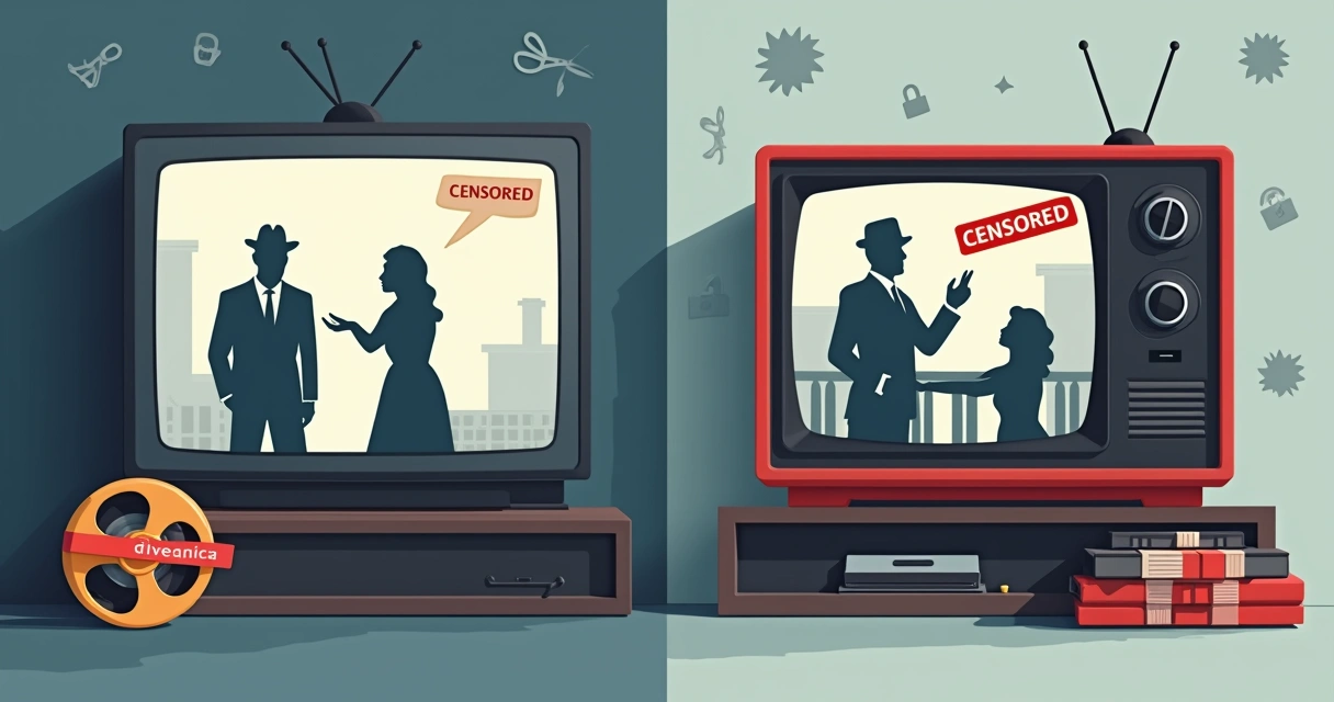 Tela dividida mostrando cena clássica de cinema parcialmente coberta por tarjas de censura 