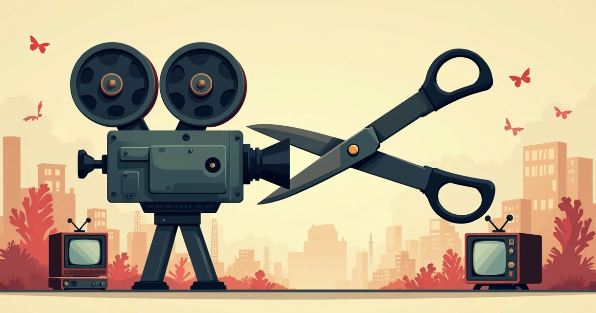 Ilustração mostrando filmadora dos anos 50 sendo limitada por uma tesoura enorme