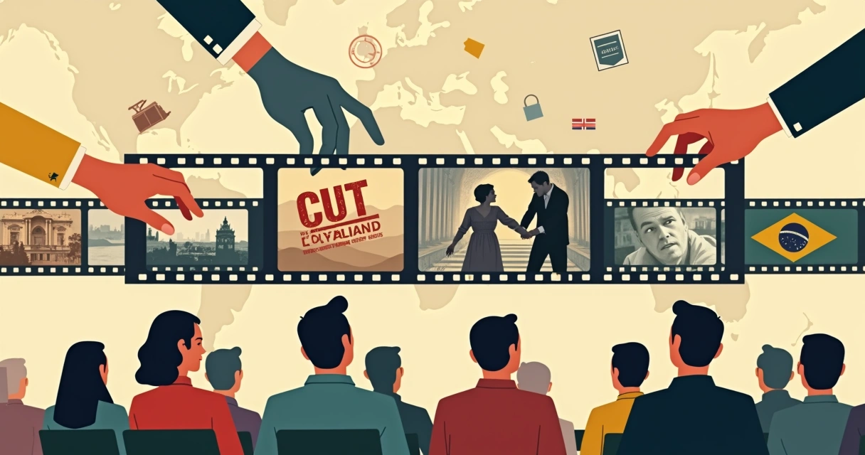 Ilustração de rolo de filme clássico envolvido por mãos bloqueando cenas 