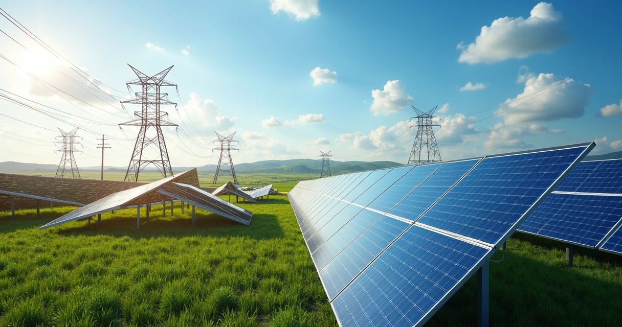 Centrais solares fotovoltaicas com torres de transmissão de energia ao fundo em paisagem de céu azul claro 