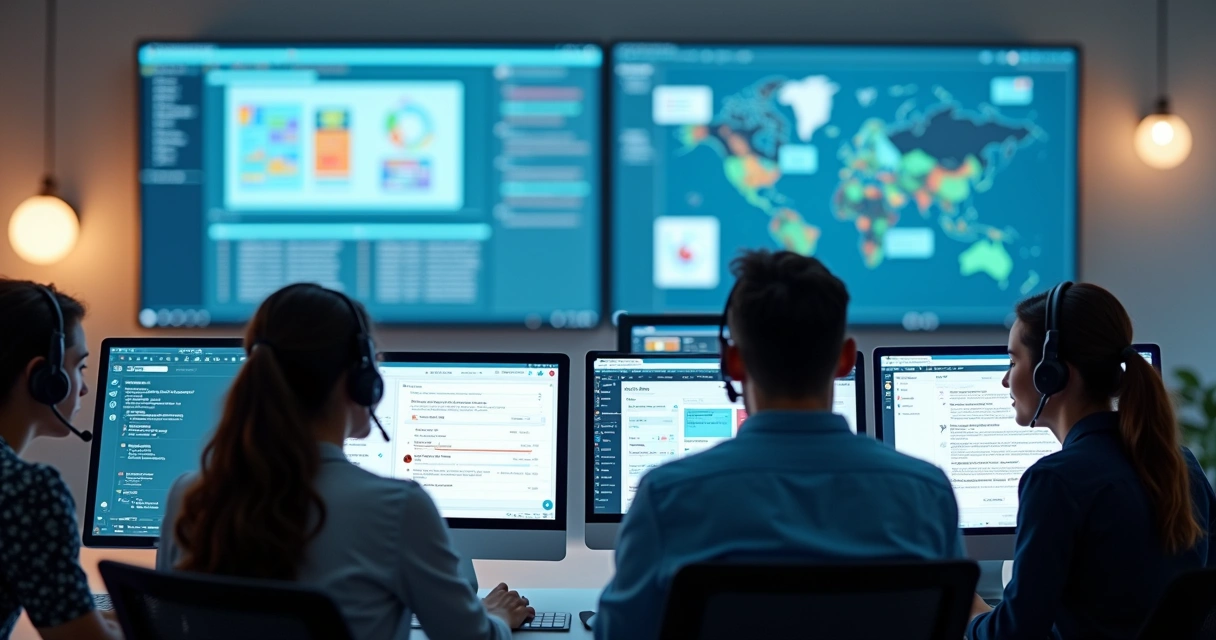 Time de atendimento reunido em frente a monitores com painéis digitais 