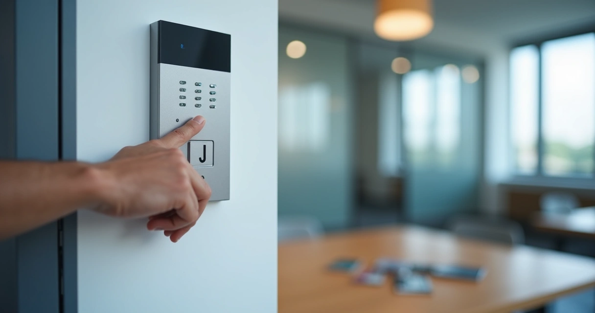 Central de alarme em painel de parede com luzes LED e mão ativando acesso digital 